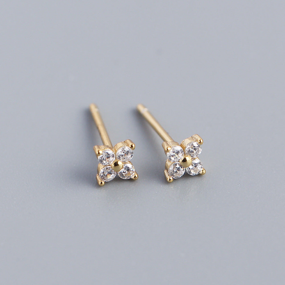 Wholesale Simple Diamond S925 Silver Four-leaf Flower Sweet Small Colorful Flower Earrings